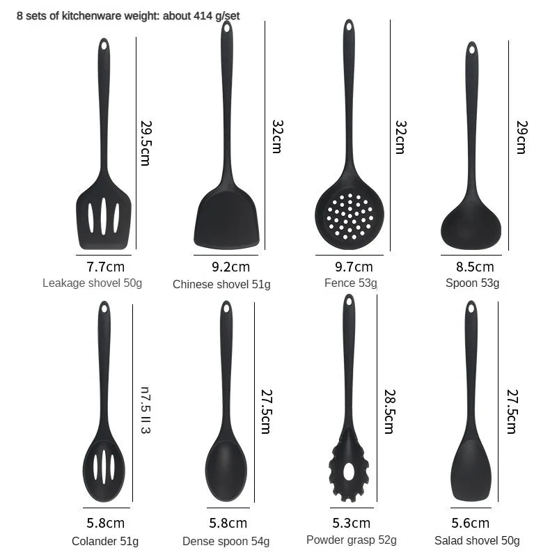8ps Household black Silicone kitchenware 8-piece set of Chinese spaghetti spoon salad spaghetti spaghetti spaghetti，Rice spoon，
