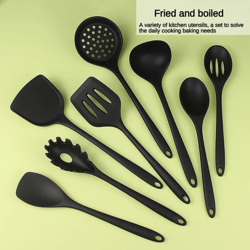 8ps Household black Silicone kitchenware 8-piece set of Chinese spaghetti spoon salad spaghetti spaghetti spaghetti，Rice spoon，