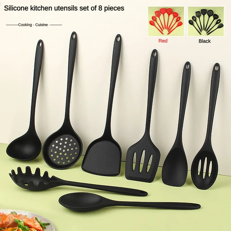 8ps Household black Silicone kitchenware 8-piece set of Chinese spaghetti spoon salad spaghetti spaghetti spaghetti，Rice spoon，