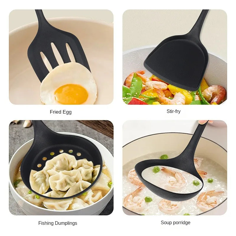 8ps Household black Silicone kitchenware 8-piece set of Chinese spaghetti spoon salad spaghetti spaghetti spaghetti，Rice spoon，